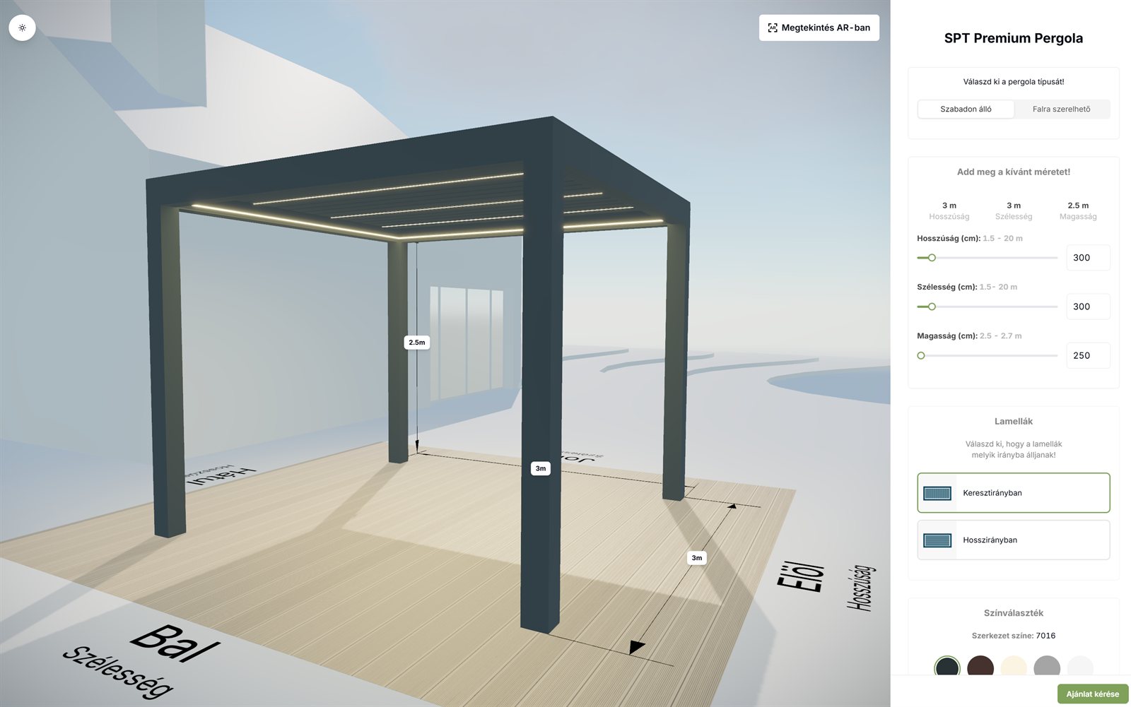 Az SPT 3D pergola-konfigurátor: méret, lamellairány és szín valós időben, AR-előnézettel.