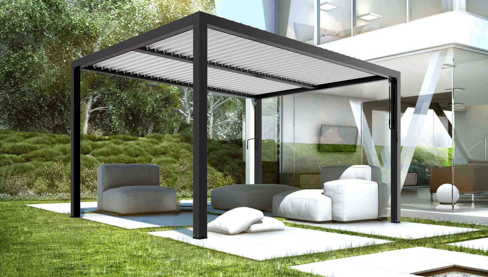 SPT bioklimatikus alumínium pergola modern terasz felett, elforgatható lamellás tetővel